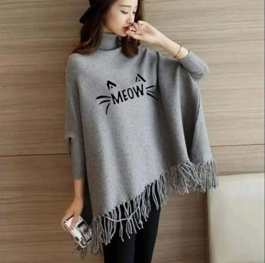 Printed Winter Fleece Poncho for Girls and Women - Cotton, High-Neck