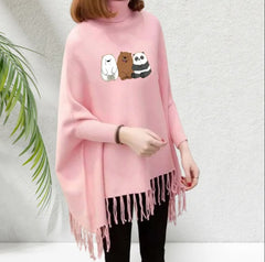 Printed Winter Fleece Poncho for Girls and Women - Cotton, High-Neck